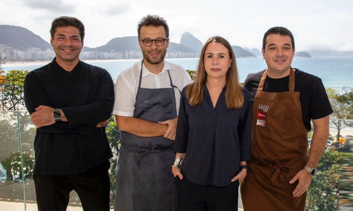 Daniela Maia, secretária de turismo do Rio, com os chefs Felipe Bronze, Thomas Troisgros e Rafa Costa e Silva