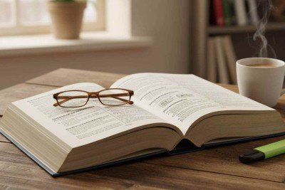Gramática da língua portuguesa aberta sobre mesa -  (crédito: imagem gerada por inteligência artificial/acervo Estado de Minas)