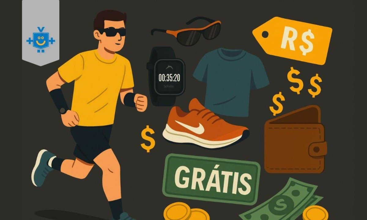 um corredor iniciante usando roupas simples correndo na rua. Ao redor dele aparecem itens consumistas da corrida. Comparando a corrida simples e barata com a corrida da modinha, cara e cheia de equipamentos -  (crédito: Reprodução Educando seu Bolso)