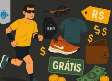 um corredor iniciante usando roupas simples correndo na rua. Ao redor dele aparecem itens consumistas da corrida. Comparando a corrida simples e barata com a corrida da modinha, cara e cheia de equipamentos -  (crédito: Reprodução Educando seu Bolso)