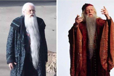 John Lithgow e Richard Harris (1930-2002) caracterizados como Dumbledore -  (crédito: Reprodução)