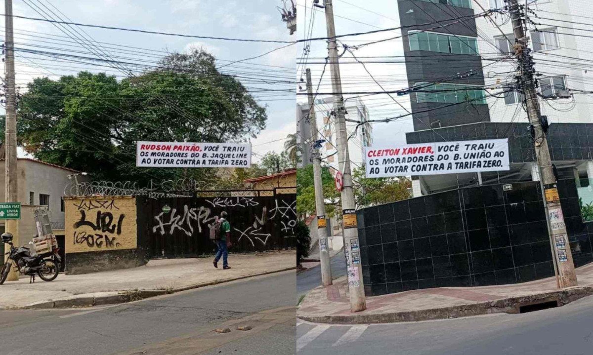 Faixas espalhadas por bairros de BH criticam vereadores que recuaram no apoio ao projeto da Tarifa Zero -  (crédito: Redes Sociais/Reprodução)