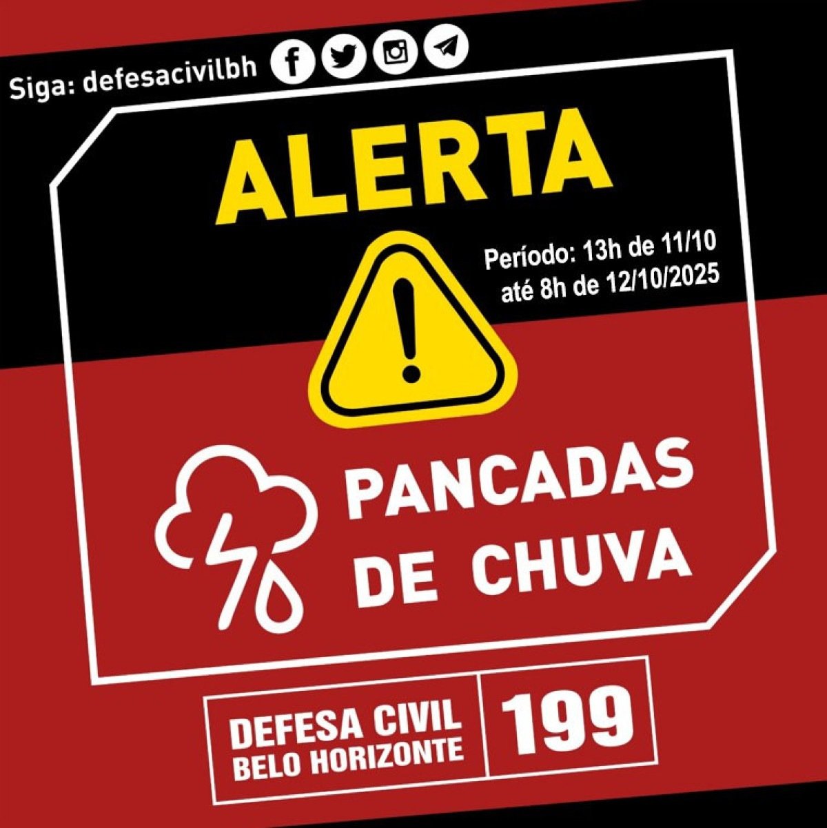 Chuva deve chegar na capital mineira até às 8h, de domingo (12/10)-Defesa Civil/Reprodução