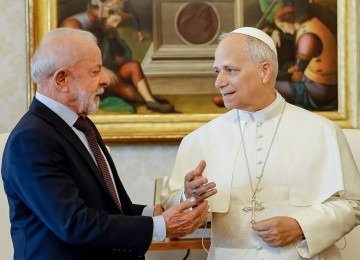Foi o primeiro encontro entre os dois desde que o americano Robert Prevost foi eleito, em maio -  (crédito: Ricardo Stuckert/PR)