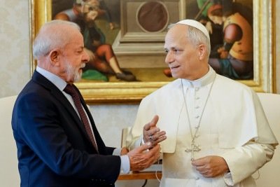 Foi o primeiro encontro entre os dois desde que o americano Robert Prevost foi eleito, em maio -  (crédito: Ricardo Stuckert/PR)