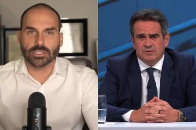 Deputado Eduardo Bolsonaro responde acusação de Ciro Nogueira de que sua atuação nos Estados Unidos causou prejuízo eleitoral ao bolsonarismo -  (crédito: Reprodução Youtube; Band)