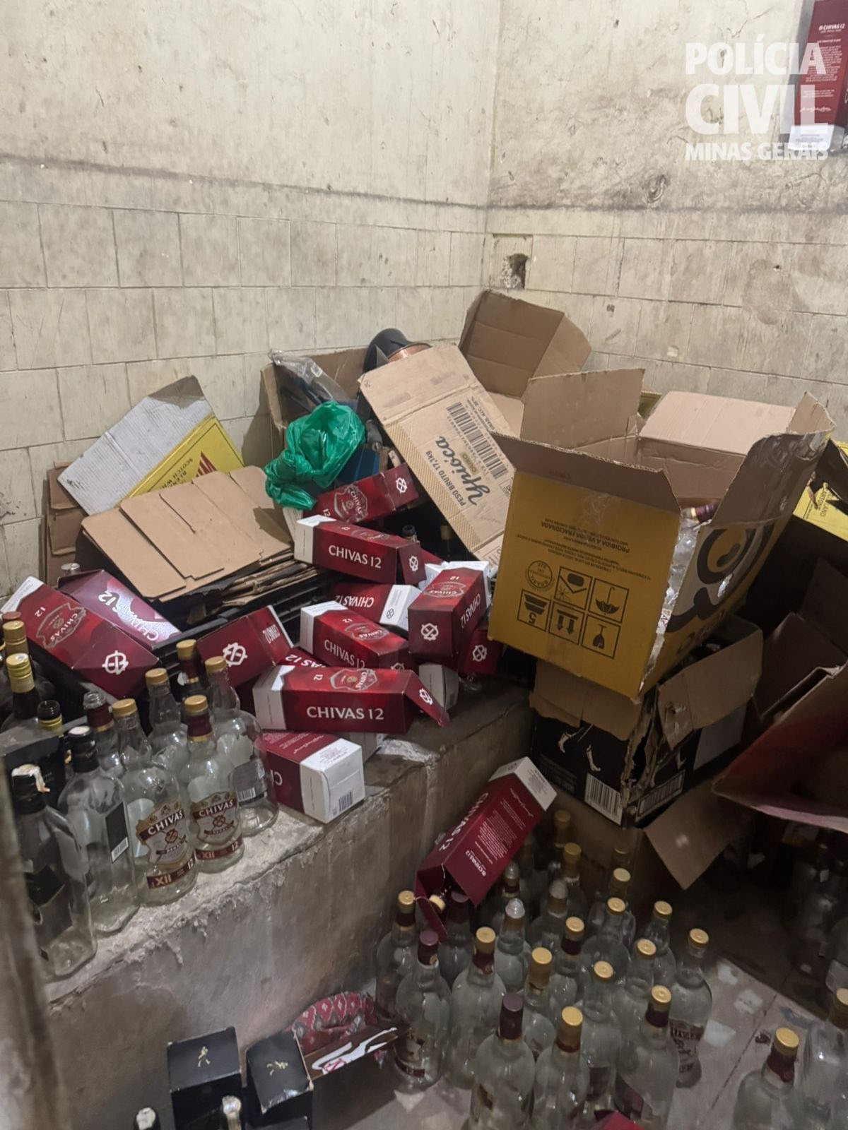 Durante a ação, os policiais apreenderam cerca de 15 mil garrafas vazias de marcas conhecidas, que eram usadas para envase clandestino de bebidas adulteradas-Reprodução/PCMG