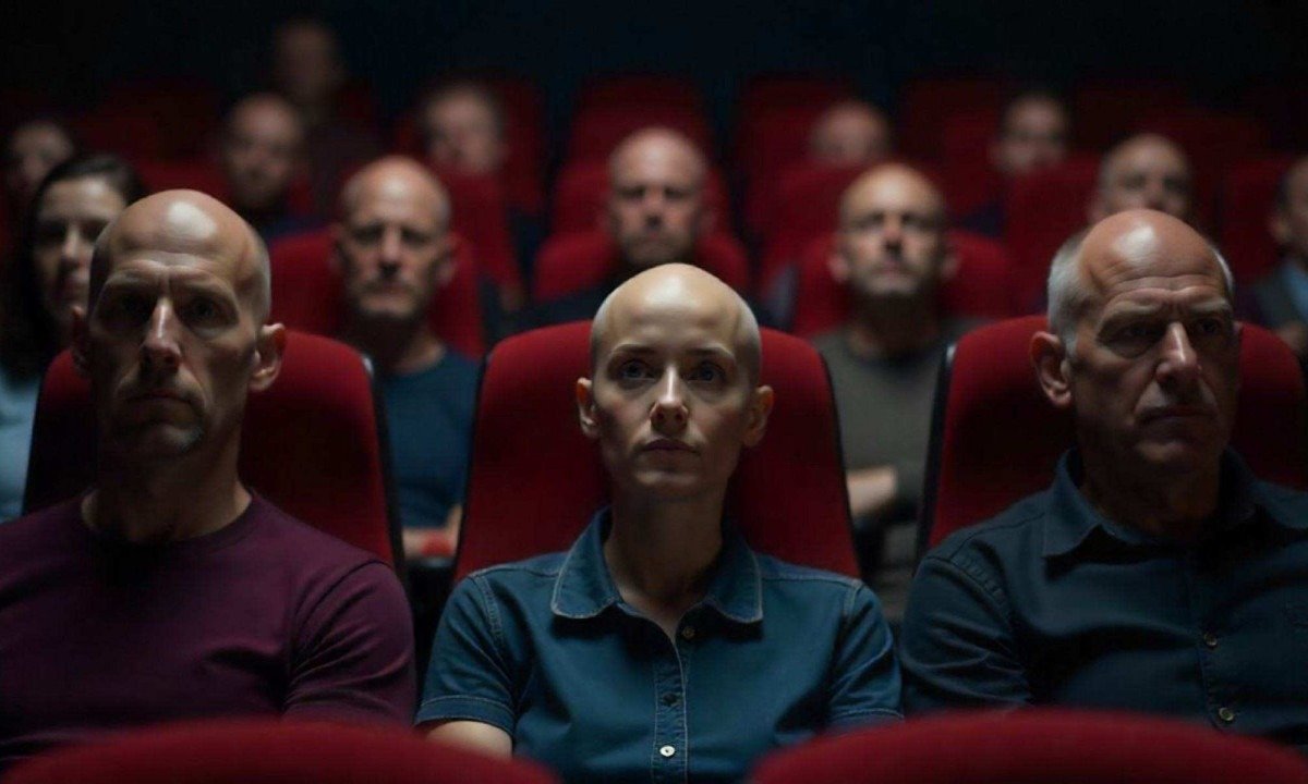 Imagem criada por IA de plateia de cinema s&oacute; com carecas