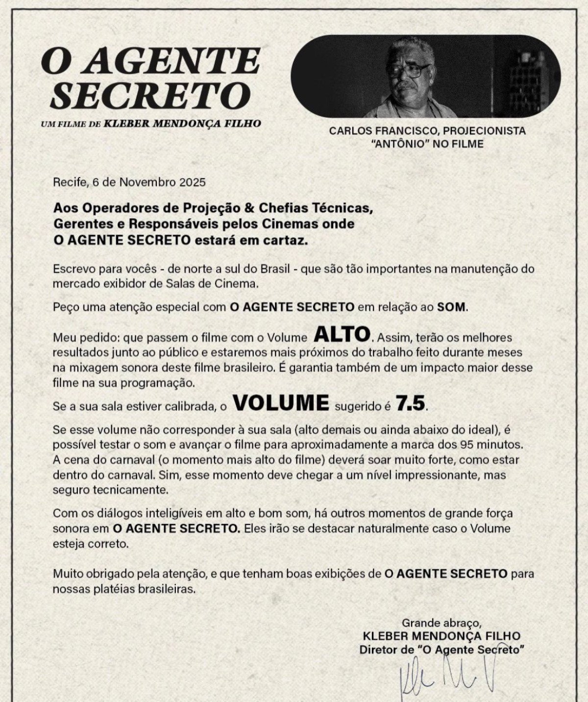 Carta aberta  do diretor Kleber Mendon&ccedil;a Filho pedindo aten&ccedil;&atilde;o especial &agrave; qualidade sonora das sess&otilde;es