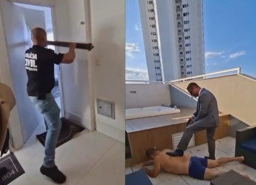 Vídeo mostra a invasão do apartamento do suspeito de furtar os medicamentos caros e a sua prisão na cobertura de luxo -  (crédito: Montagem/Redes Sociais)