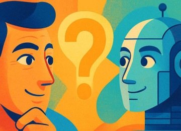Homem e robô se olham; entenda por que ferramentas de inteligência artificial tendem a inventar respostas quando não sabem a resposta correta -  (crédito: Imagem gerada por inteligência artificial/acervo Estado de Minas)