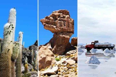 Situado no sudoeste da Bolívia, o Salar de Uyuni é uma das paisagens mais surreais do planeta. O lugar abriga muitos segredos e curiosidades impressionantes; descubra algumas! -  (crédito:  Flickrs Kathy Quiroga e Flores-Guevara & Lon Brehmer)