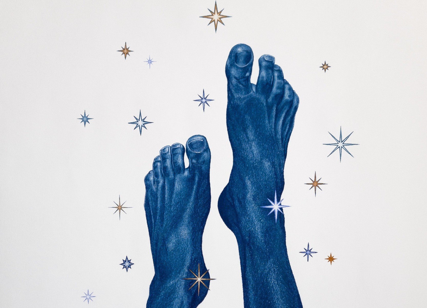 Desenho feito pelo artista pl&aacute;stico Rafael Alves tem p&eacute;s azuis e pequenas estrelas douradas ao redor deles