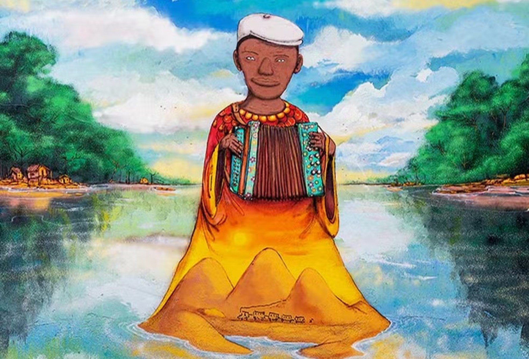 Na capa do vinil Tarde, Milton Nascimento é desenhado pela dupla OsGemeos. O músico segura a sanforma e sorri, tendo ao fundo paisagem com árvores e mar