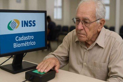 Idoso faz cadastro biométrico em agência do INSS; imagem meramente ilustrativa -  (crédito: imagem gerada por inteligência artificial/Acervo Estado de Minas)
