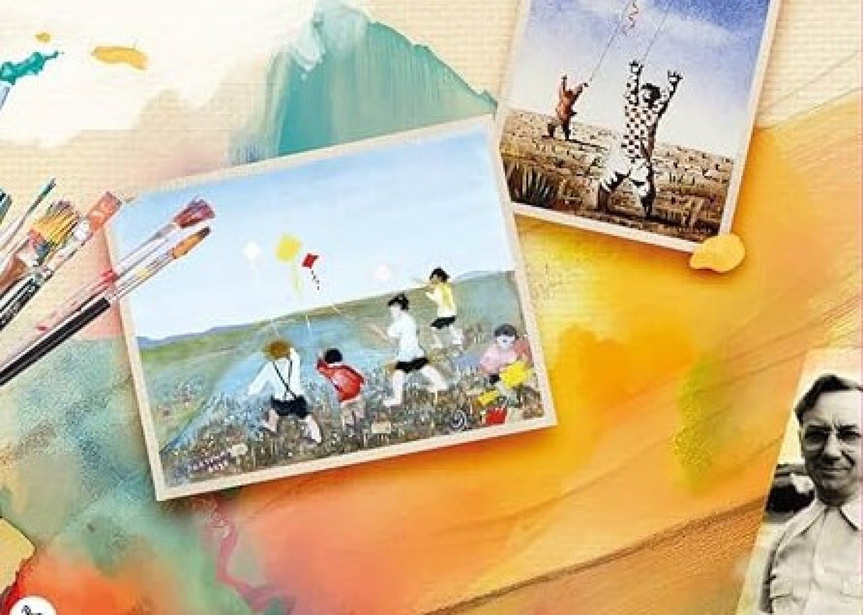 Detalhe da contracapa de 'As pipas de Portinari' mostra quadros de Candido Portinari e foto do pintor