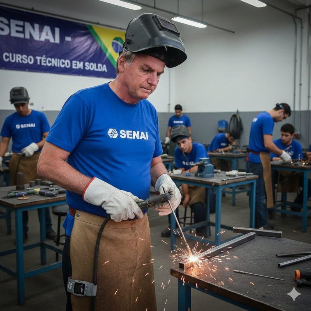 Meme sobre pris&atilde;o de Jair Bolsonaro que simula o ex-presidente em um curso t&eacute;cnico de solda