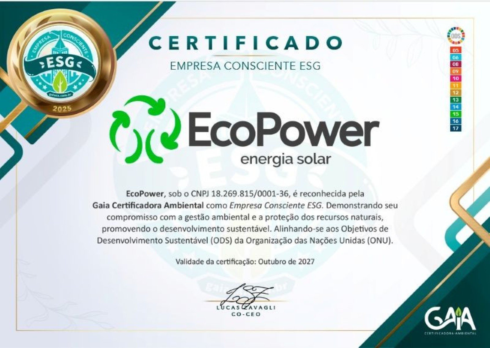 EcoPower é reconhecida com certificado ESG - DINO