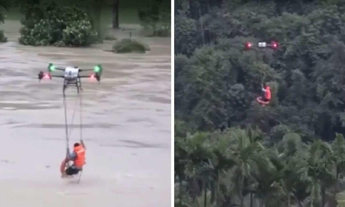 Homem fica ilhado e é resgatado por drone de enchente - Reprodu&ccedil;&atilde;o