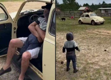 VÃ­deo: avÃŽ dirige 600 km de fusca para presentear neto e recepÃ§Ã£o emociona -  (crédito: Tupi)