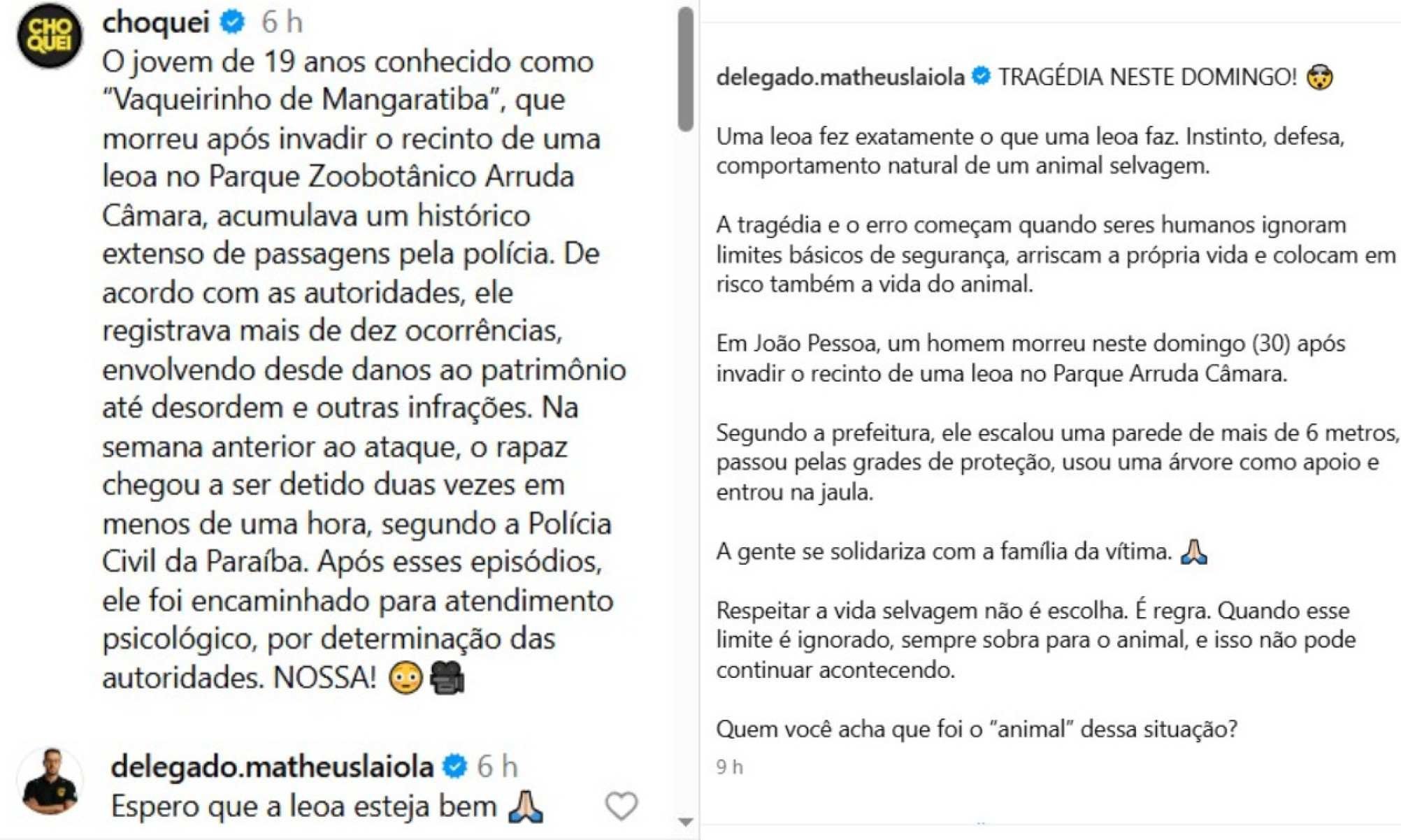 Delegado debochou da morte de jovem atacado por leoa (esquerda), embora tenha prestado solidariedade em uma publicação em seu perfil no Instagram (direita) Delegado debocou da morte de jovem atacado por leoa (esquerda), embora tenha prestado solidariedade em uma publicação em seu perfil no Instagram (direita)