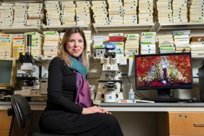 Natália Machado em seu laboratório na Escola de Medicina de Harvard   -  (crédito:  Anna Olivella..2025)