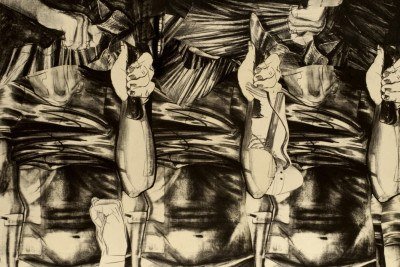 Detalhe de 'Corte e reconstituição' (1981/2025). Jogo de luz e sombra criado por Liliane Dardot, com intervenção de Marcelo Silveira, remete à tensa repetição mecânica imposta ao trabalhador -  (crédito: Albuquerque Contemporânea/divulgação)