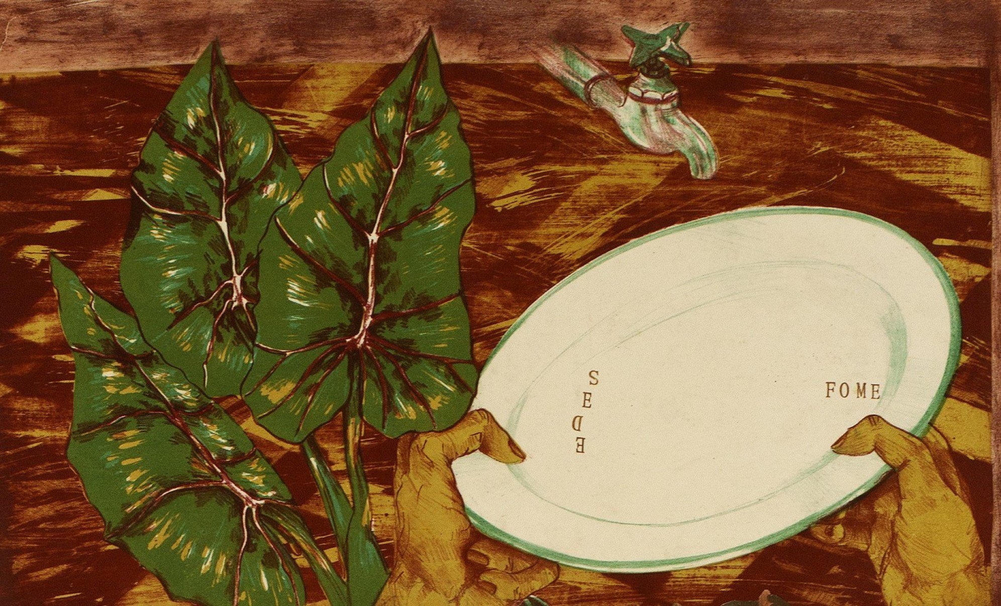 Obra da artista visual Liliane Dardot tem pratos brancos onde estão escritas as palavras sede e fome