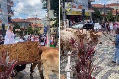 Noiva chegou de carro de boi ao próprio casamento -  (crédito: Reprodução / redes sociais)