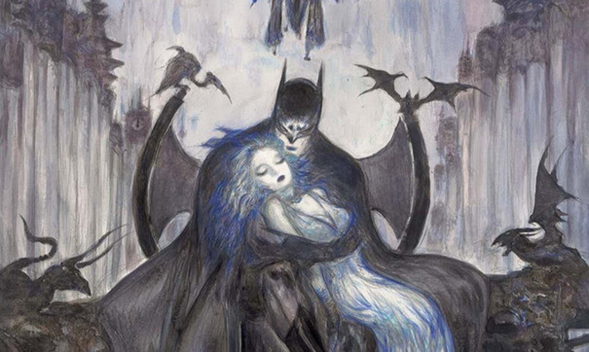 O personagem Batman segura mulher desmaiada em desenho do japones Yoshitaka Amano