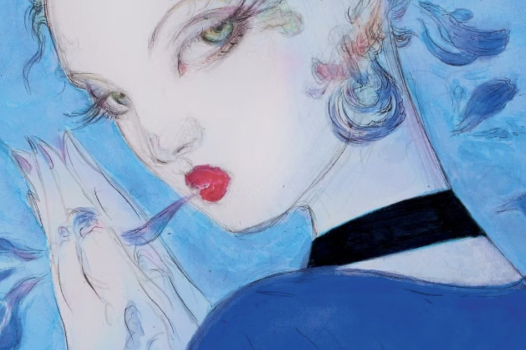 Sob fundo azul, detalhe do rosto de mulher da obra Vogue, de Yoshitaka Amano