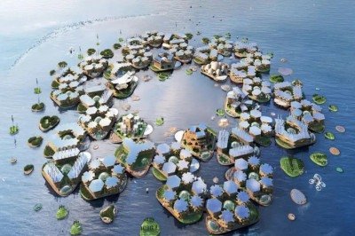 Um projeto  na Coreia do Sul vai testar a criação de cidades flutuantes para proteger a população do aumento do nível do mar - ameaça que existe em escala global. 
 -  (crédito: Divulgação Oceanix )