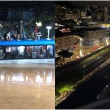 Ônibus do transporte coletivo urbano ilhado no Mergulhão, na Avenida Rio Branco (esquerda) e Avenida Franscisco Bernardino alagada (direita)  -  (crédito: Redes sociais/Reprodução)