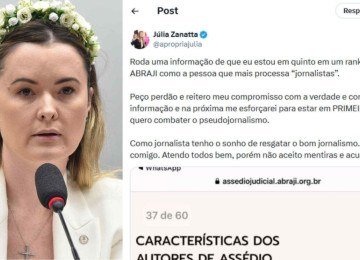 Júlia Zanatta lidera em número de processos contra jornalistas entre 2024 e 2025 -  (crédito: Platobr Politica)