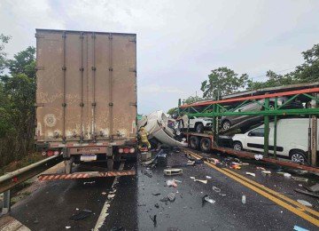 O condutor da carreta, de 41 anos, ficou preso dentro da cabine com fratura exposta no punho esquerdo -  (crédito: Corpo de Bombeiros/Reprodução)