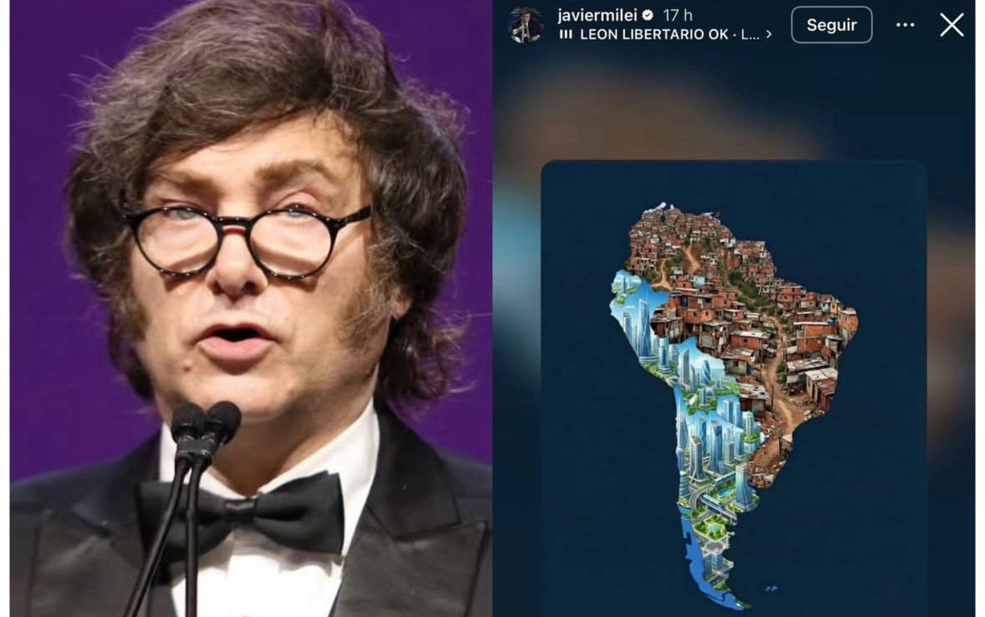 Milei publica imagem e retrata o Brasil como favela