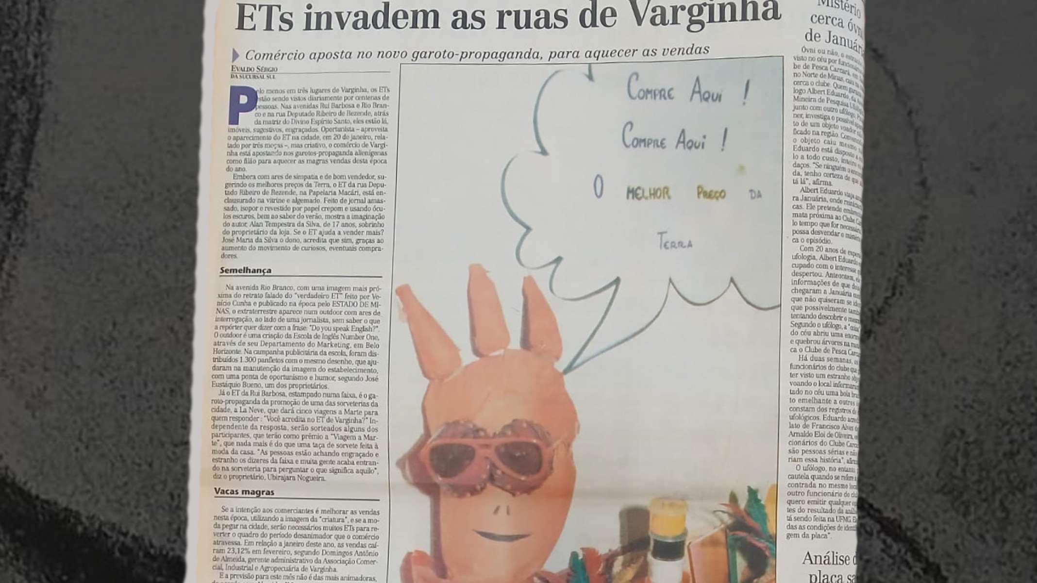 Estado de Minas, 10/3/96: o extraterrestre virou garoto-propaganda das lojas de rua de Varginha | 30 anos do ET de Varginha-Arquivo Estado de Minas
