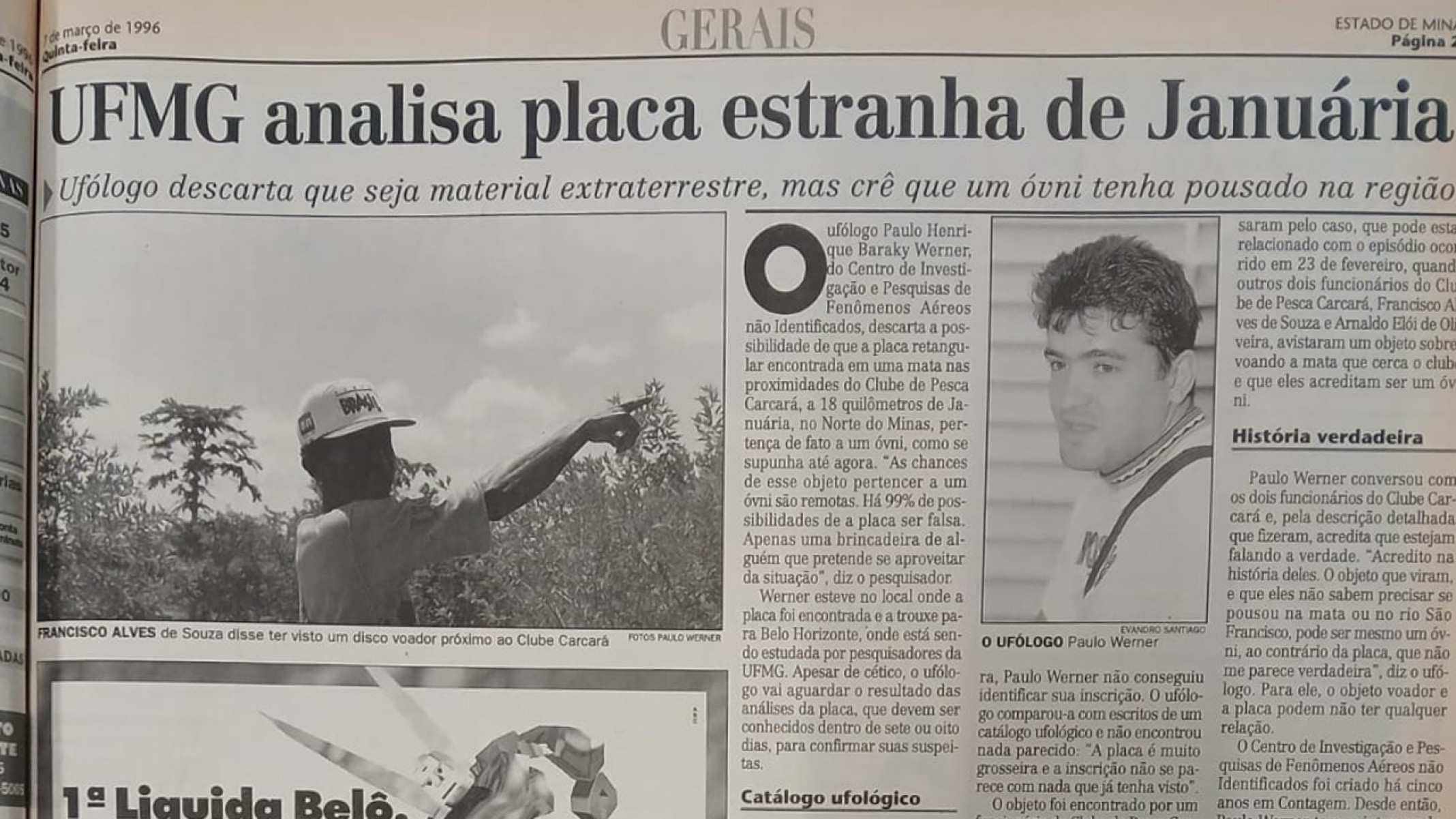 Estado de Minas, 7/3/96: UFMG conduziu anÃ¡lise sobre placa misteriosa com inscriÃ§Ãµes | 30 anos do ET de Varginha-Arquivo Estado de Minas