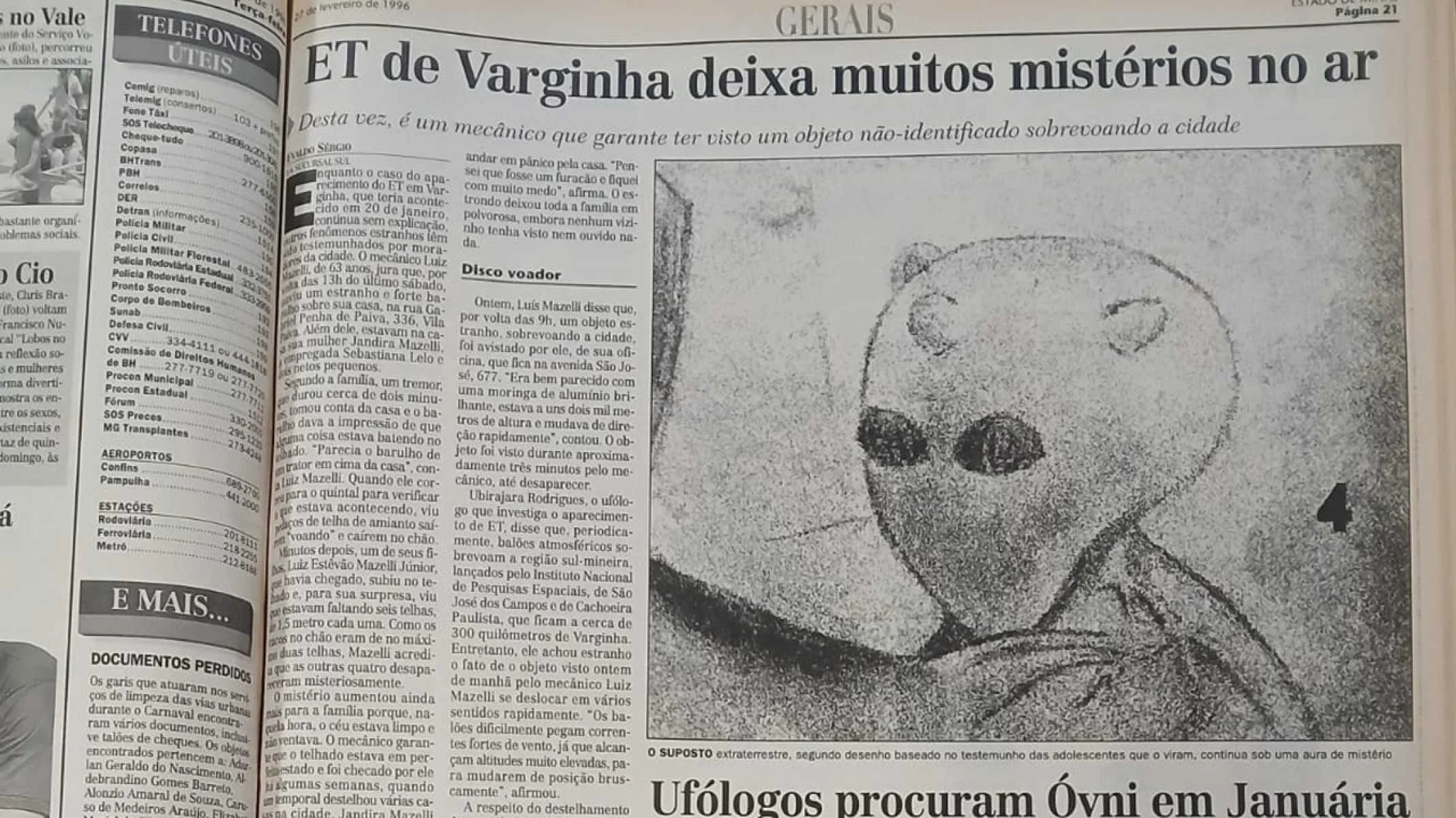 Estado de Minas, 27/2/96: mecânico relatou ter visto um OVNI sobrevoando a cidade | 30 anos do ET de Varginha-Arquivo Estado de Minas