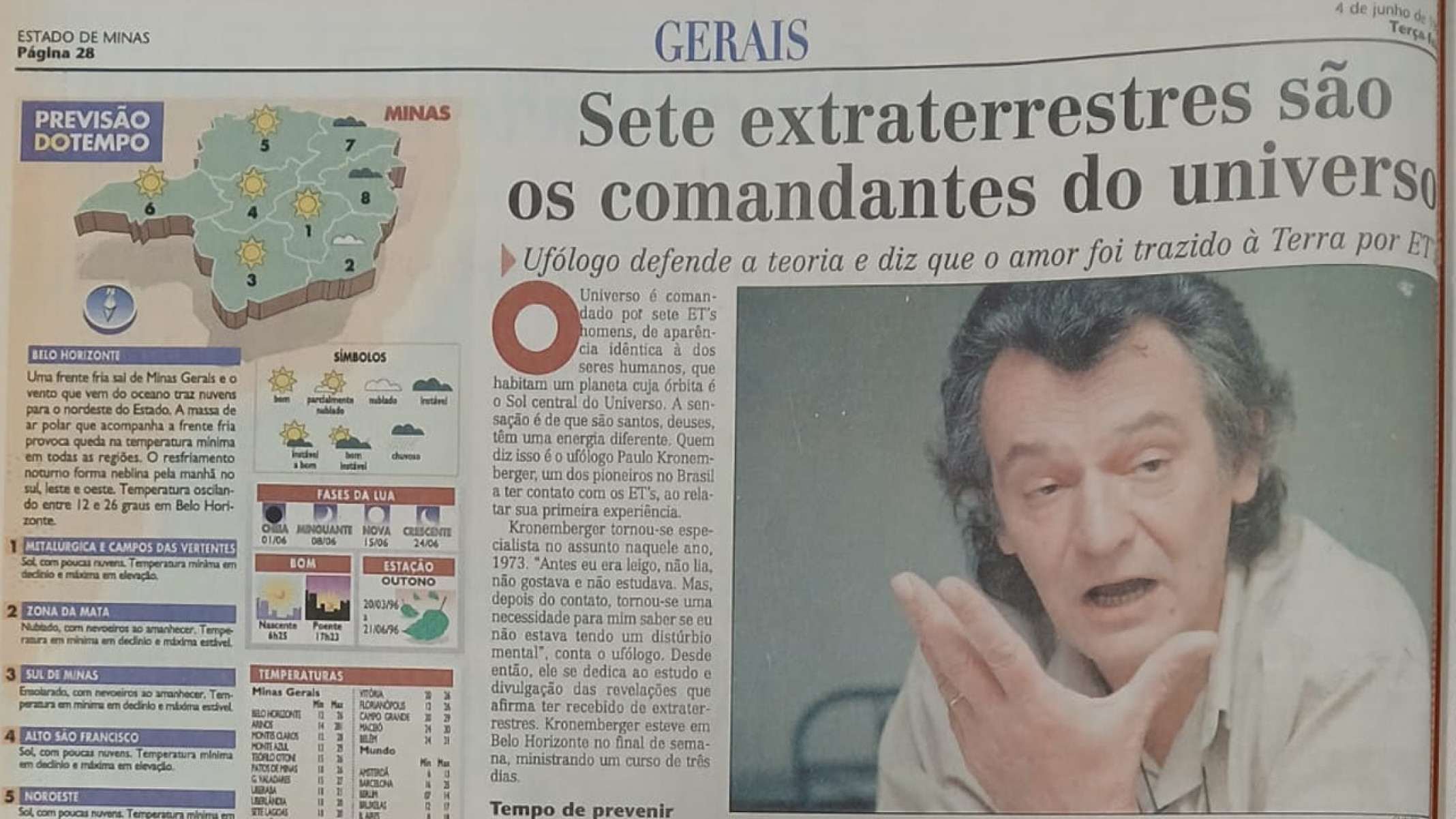 Estado de Minas, 4/6/96: ufólogo alegava que extraterrestres trouxeram o amor para a Terra | 30 anos do ET de Varginha-Arquivo Estado de Minas