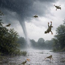 Chuva de rãs: evento raro já foi visto em diversos países - imagem gerada por i.a 