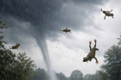 Durante tempestades incomuns, moradores de diferentes países já relataram a chamada “chuva de rãs”, quando anfíbios parecem cair do céu. Especialistas explicam que trombas d’água ou tornados podem sugar pequenos animais de lagos e rios e depois lançá-los à distância. -  (crédito: imagem gerada por i.a )