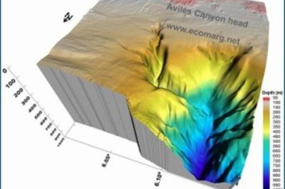 O cânion mais profundo do mundo fica na costa da Espanha . É o Canyon de Avilés, conhecido como Caladero de Carrandi.Na ilustração, o tom mais escuro do azul  é o ponto mais abaixo da superfície, que chega a 4.700 metros de profundidade.  -  (crédito: Ecomarg wikimedia commons)