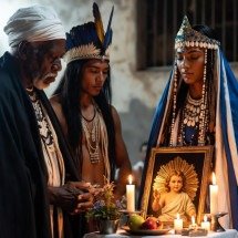 Na Umbanda, mais sincretista, o Natal ganha contornos mais próximos do cristianismo com as bênçãos do Preto-Velho, do caboclo e de Iemanjá -  (crédito: Imagem gerada por IA)