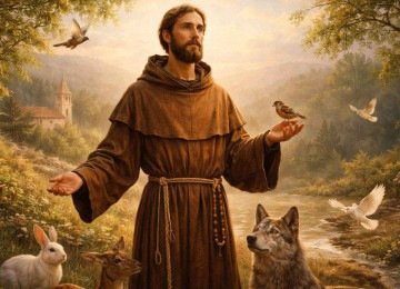 São Francisco de Assis, rodeado pela natureza e animais: 