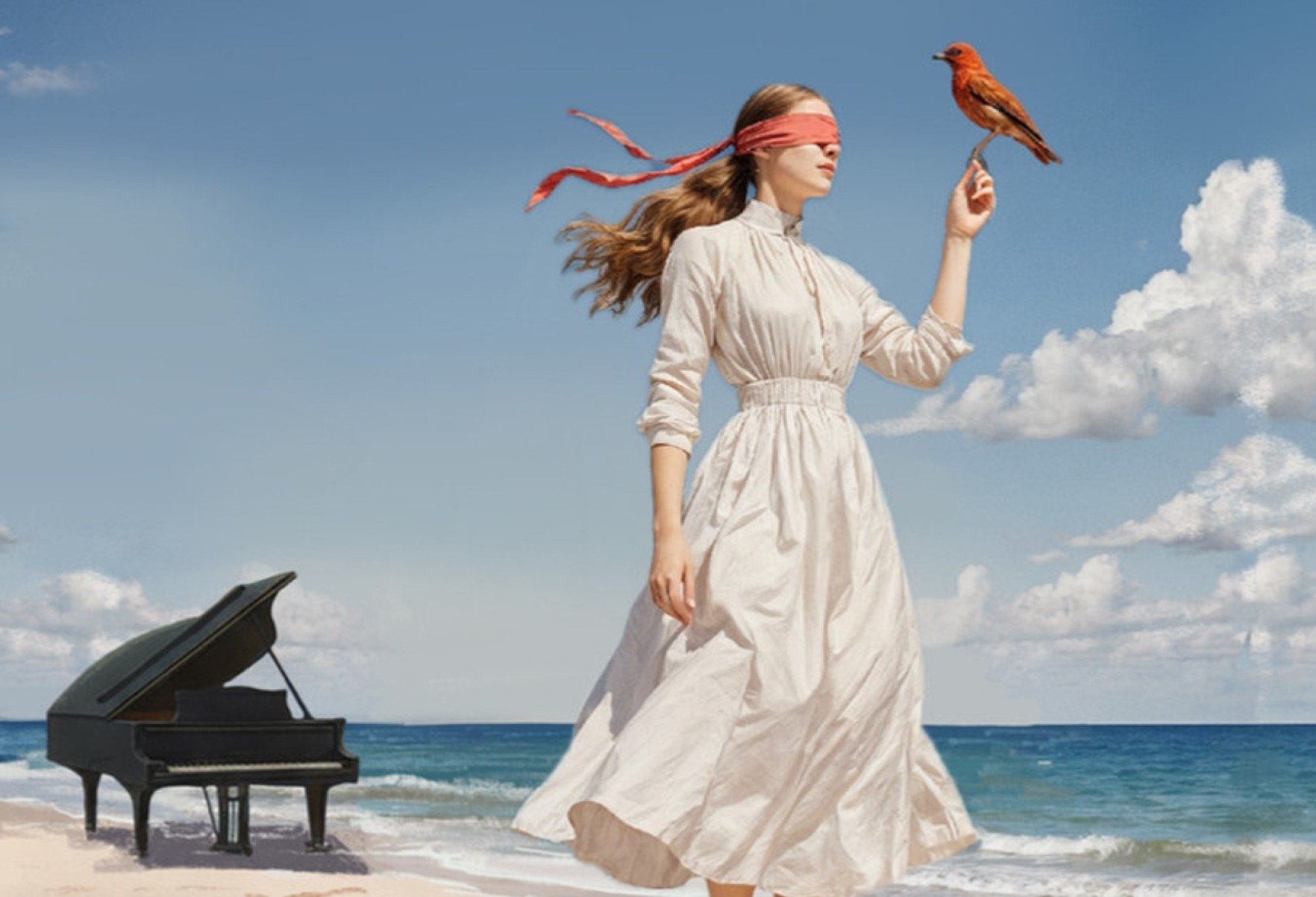 Ilustra&ccedil;&atilde;o mostra mulher de vestido comprido branco na praia, segurando um p&aacute;ssaro com a m&atilde;o direita. Ao fundo v&ecirc;-se um piano de cauda, na areia, e mais ao longe est&aacute; o mar azul