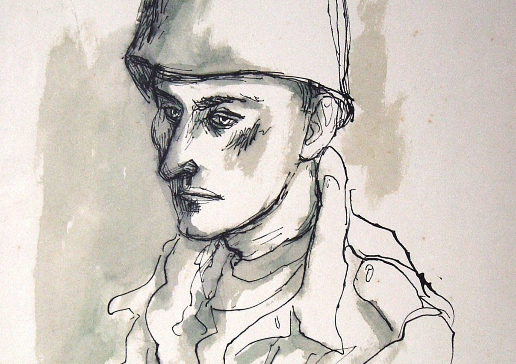Desenho de Carlos Scliar, que produziu obras de arte no front europeu da Segunda Guerra Mundial, mostra um soldado de capacete e uniforme