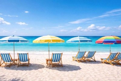 Praia em dia de céu claro, com cadeiras e guarda-sóis; aluguel é permitido? -  (crédito: imagem gerada por inteligência artificial/Acervo Estado de Minas)