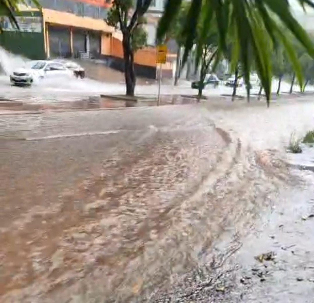 Avenida Riacho das Pedras ficou tomada por água nos dois sentidos -  (crédito: Reprodução)
