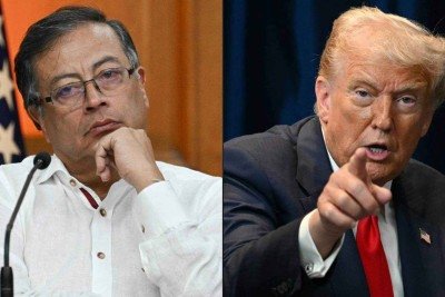 Montagem de fotos com o presidente da Colômbia, Gustavo Petro, à esquerda, e Donald Trump, presidente dos Estados Unidos, à direita -  (crédito: FEDERICO PARRA / AFP)
